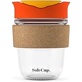 SoleCup. - Reusable Strengthened Glass Travel Cup - Spill Proof Insulated Coffee Mug - 12oz/340ml BPA-Free Hot Drink Travel Mug with Lid & Cork Band (Red, 12oz)