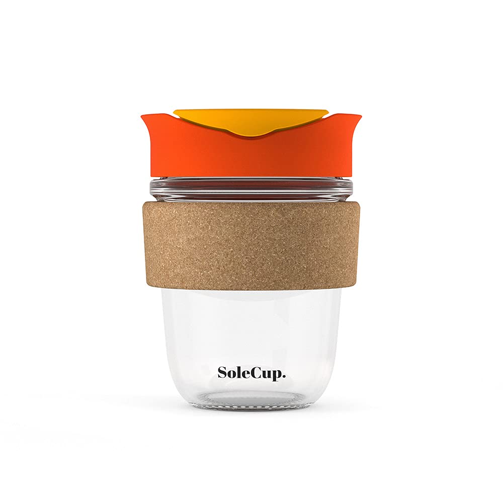 SoleCup. - Reusable Strengthened Glass Travel Cup - Spill Proof Coffee Mug - 12oz/340ml BPA-Free Hot Drink Travel Mug with Lid & Cork Band (Red, 340ml / 12oz)