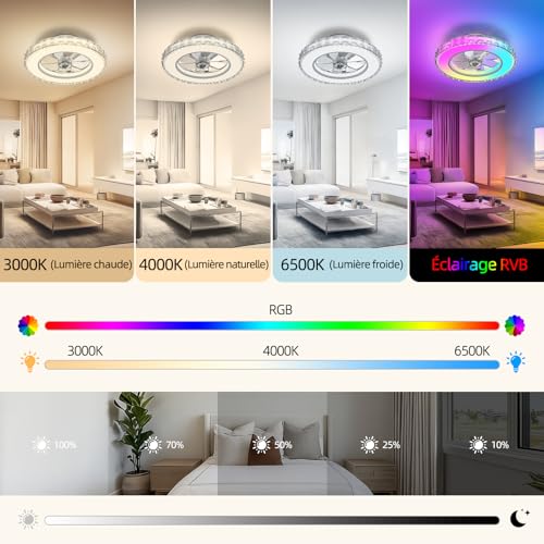 Ateroll Crystal Ceiling Fan with Light Ø43.5 cm, 3000K-4000K-6500K+RGB, 6 Adjustable Ventilation Speeds with Remote Control, Timer, Memory Light, Reversible Fan