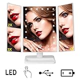 Lighted Makeup Mirror, Vanity Mirror with 24 LED Lights and Magnification, Tri-fold Countertop Magnifying Mirror with Touch Dimmer, Battery and USB Powered By Uvistare
