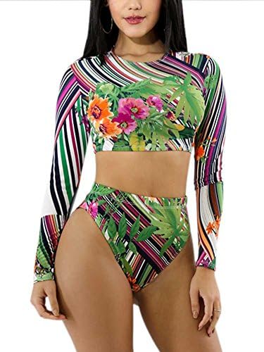 Women's Summer Long Sleeve Top Sun Protection Bohemia Printing 2PC Beachwear Swimsuit XL