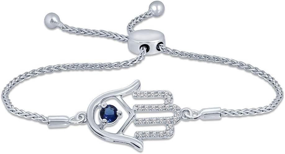 La Joya 1/10ct Round White Diamond Blue Sapphire Sterling Silver Adjustable Hamsa Strand Bolo Bracelet for Women Teens Gift