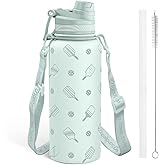 SANDJEST Pickleball Stainless Steel Water Bottle with Strap 32oz, Insulated Bottles with Straw and Spout Lid for Gym Sports Travel Outdoor, Gifts for Women Girls Birthday Christmas