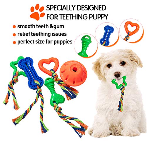 shuny 5 Pack Puppy Teething Chew Toys for Small Dogs,Durable Puppy Biting Toys for Teeth Cleaning with Rope and Food Treat Dispensing Ball