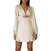 Women's Dress Satin Deep V-Neck Long Sleeve Mini Dress Silk Lantern Sleeve A-Line Front Cut Out Dresses