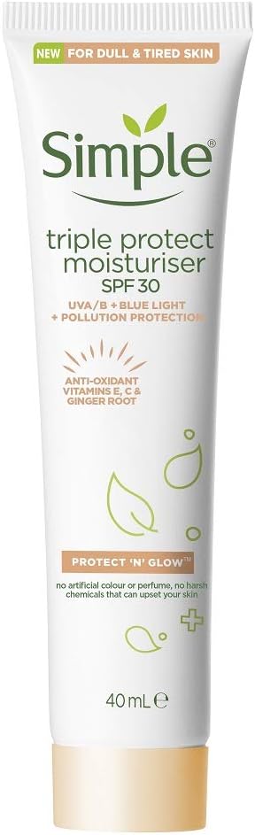 Simple Triple Protect Moisturiser SPF 30, 3x Protection from UVA/UVB, Blue Light & Pollution with Vitamin C & E