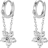 Reffeer 925 Sterling Silver Flower Chain Drop Earrings Hoop for Women Teens Huggie Hoop Dangle Earrings Chain