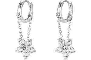 Reffeer 925 Sterling Silver Flower Chain Drop Earrings Hoop for Women Teens Huggie Hoop Dangle Earrings Chain