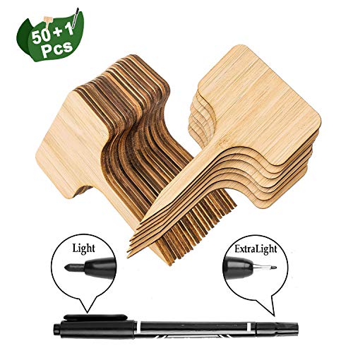 Boxgear 50pcs Bamboo Plant Labels (T-Type) with a Marker Pen, Garden Markers, Plant Tags, Wooden Plant Sign, Gardening Accessories, Garden Markers for Seed Potted Herbs Flowers Vegetables (6 x 10 cm)
