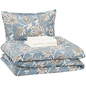 AmazonBasics 6-Piece Comforter Bedding Set, Twin / Twin XL, Sea Foam Jacobean, Microfiber, Ultra-Soft
