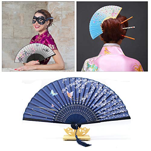 QIQU 6 Pack Handheld Floral Folding Fans Hand Held Women Silk Hollowed Bamboo Fans Hand Holding Fans with Tassel,Come with a Cloth Sleeve Per Fan,Wedding,Church,Party Gifts and Tea Party Dress Up