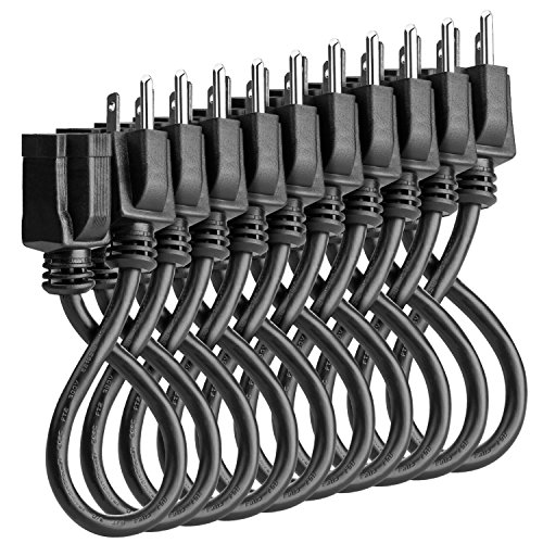 1 Foot Power Extension Cord 10 Pack, Fosmon UL Listed 16/3 16AWG 125V 13A 1625Watt Grounded 3 Prong SJT Short Extension Power Cord Outlet Saver (Black)