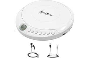 ByronStatics Portable Disc CD player, Personal Walkman Music CD Players Anti-Skip Shockproof Protection, Portable and Lightweight, Headphones Jack, Powered DC or 2XAA Battery - White