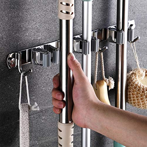 GUUKIN Broom and Mop Holder Wall Mount, Garage and Garden Tools Organization and Closet Storage, Stainless Steel Tool Rack with 3 Racks 4 Hooks for Kitchen, Bathroom, Laundry with 5 Tea Towel Clips