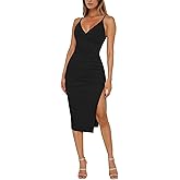 OWIN Women's Sexy V Neck Sleeveless Adjustable Spaghetti Straps Bodycon Ruched Midi Split Cocktail Club Party Dress