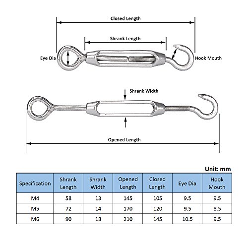 Imagine 5Pcs M5 Stainless Steel 304 Hook & Eye Turnbuckle Wire Rope Tensioner (M5 Eye & Hook)