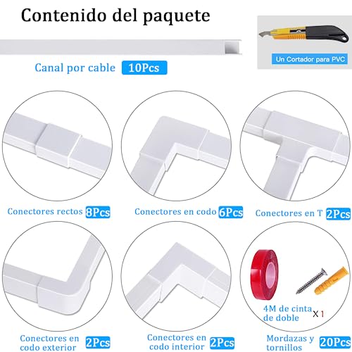OWSDAQE Canaletas para Cables Pared con 20 Conectores, 10× 20× 400mm Cubre Cables Pared, con 4M de Cinta de Doble Cara y 20 Tornillos de expansión y cortatubos de PVC