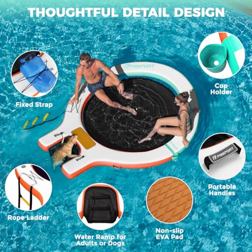Sunchill Inflatable Floating Platform 240 cm for 3-5 People with Dog Ramp, Inflatable Island Round with Removable Ladder, Cup Holder, Air Pump and Bag for Pool, Lake and Sea