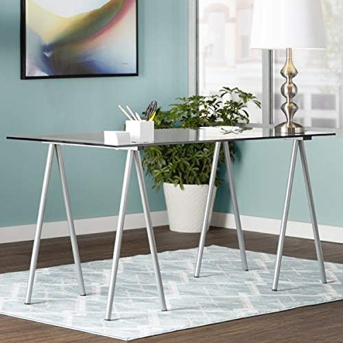 Metal Desk with Glass Top - Writing Desk with Powder Coated Finish - Silver