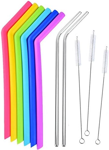 Silicone Straws, Stainless Steel Straws with Cleaning Brushes Complete Bundle- Reusable Extra Long Curved Straws for 30…