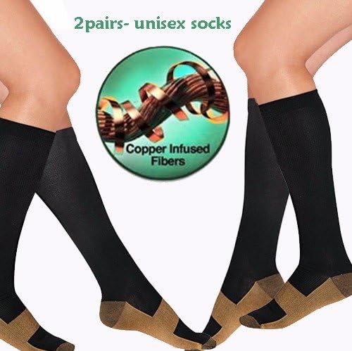 2 pairs of Hi Quality Copper Socks, Infused Copper Compression Socks 15-20 mmHg Miracle Pain Relief Anti Fatigue for Men &amp; Woman for for travel, sports, maternity, Boost of Stamina by Rapid Relief