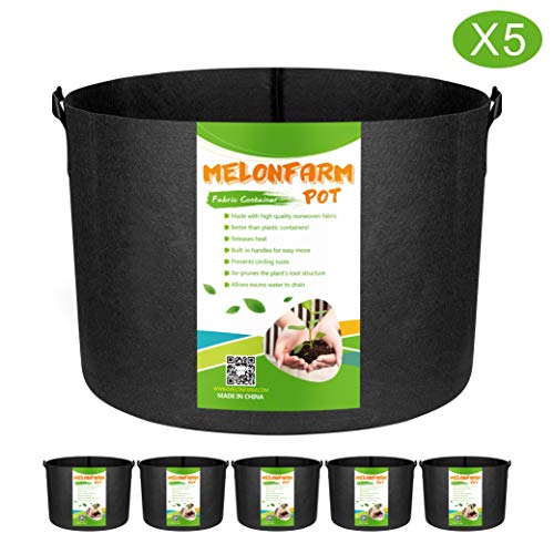 MELONFARM 5-Pack 15 Gallon Grow Bags Heavy Duty Aeration Fabric Pots,Thickened Non-Woven Plant Smart Pots with Durable Handles, for Plant Growing