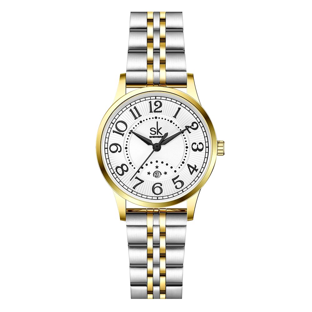 SHENGKE SK Business Classic Women Watch with Genuine Leather Stainless Steel Band Elegant Ladies Watch (Roman-Steel)