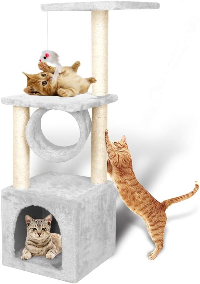 36inch Deluxe Cat Tree Climbing Tower Condo House | Cat Activity Tree with Sisal Scratching Posts for Kitten Activity Centre Playhouse, Pet Furniture Cat Tower | Padded Condo | Tunnel | Mouse Toy