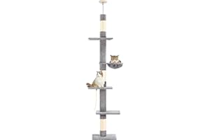 PAWSCRAT Cat Tree 5-Tier Floor to Ceiling, 89-109 Inch Adjustable Height Cat Tower with Cozy Hammock, Cat Climbing Tree for Indoor Cats, Sisal Cat Scratching Post for Cats to Jump and Climb, Gery