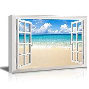 Creative Window View Canvas Prints Wall Art - Beach and Tropical Sea - 24" x 36"