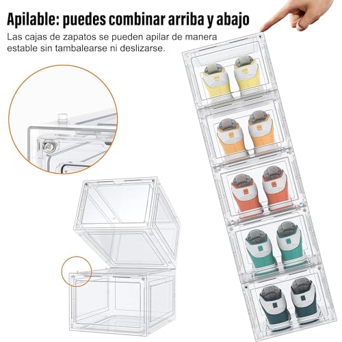 E T EASYTAO | Zapatera Organizador, 10PCS Cajas para Zapatos de Plástico 34.5x27x19cm, Contenedor Plegable para Almacenamiento de Zapatero, Zapatera Giratoria Y Apilable Ahorro de Espacio