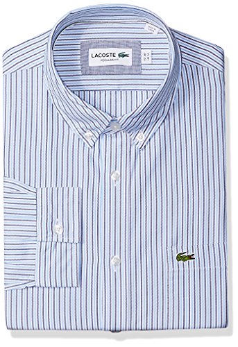 Lacoste Men's Long Sleeve Regular Fit Button Down Oxford Bengal Stripe, Hemisphere Blue/Methylene/White, 44