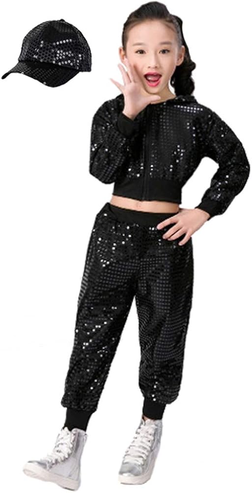 Children Girls Sequins Hip hop Costume Street Dance Clothing Set Top