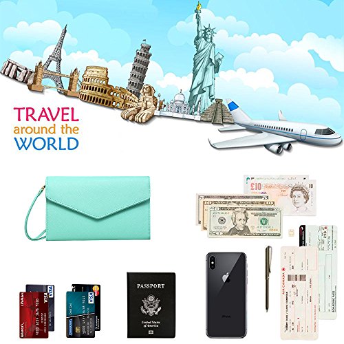 Krosslon Rfid Passport Holder Wristlet Travel Wallet Trifold Documents Organizer Slim Purse, Fit US UK CA Passport Cover Traveling Accessories for Women, Mint Green(206#)