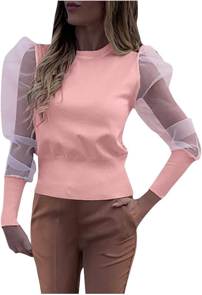 Women Fashion Blouse Mesh Puff Sleeves Pullover Flowy Mesh Slim Fit Blouse See Through Crop Top 