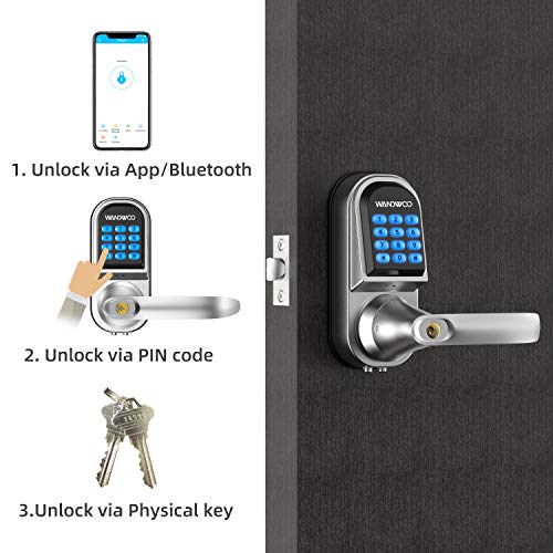[2019 New]Smart Lock, Wandwoo Electronic Door Locks with Bluetooth Mechanical Keys Auto Lock Enabled Anti-peep Code Adjustable Hand for Office Hotel Home Garage Apartment Silver - Thumbnail 4
