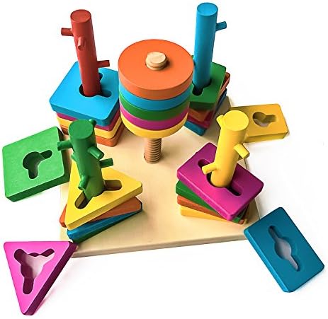 Mideand Geometric Shape Sorter Wooden Toys Stacking Sorting Board Blocks Preschool Pegged Puzzles Games for Kids