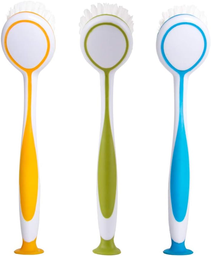 MR.SIGA Round Dish Brush, Size: Dia 5.5 x 25cm - Pack of 3, Orange, Yellow, Blue, 6.5 X 5.5 X 25 cm