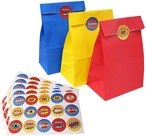 Superhero Party Bags,Superhero Themed Three Colors Paper Bags with Stickers