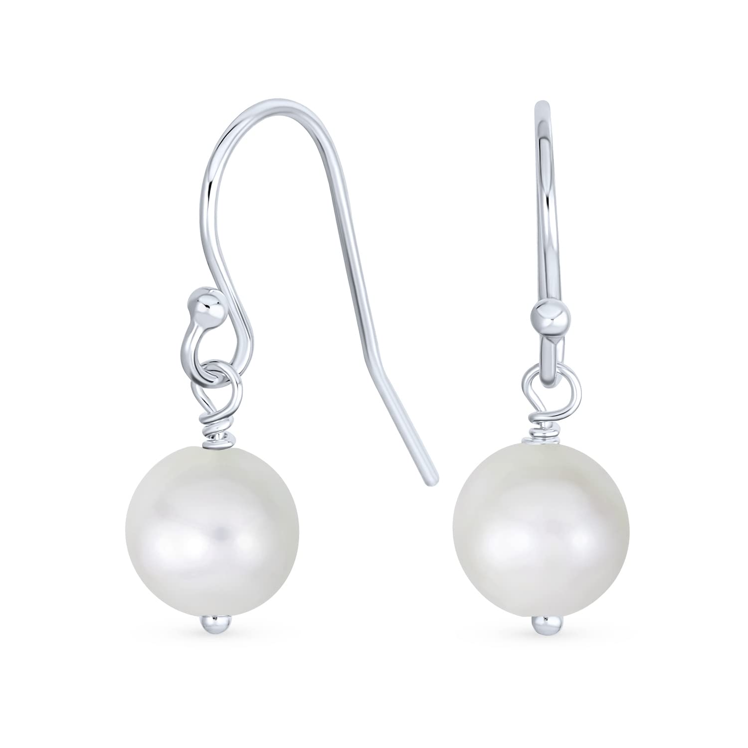 Classic White Round 8MM Freshwater Cultured Pearl Drop Dangle Bead Ball Earrings For Women .925 Sterling Silver French Fish Hook