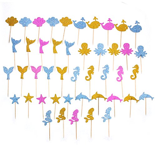 45 Pcs Ocean Sea Cake Topper Glitter Paper Wedding Bamboo Fruit Cocktail Forks Finger Food Party - Thumbnail 3