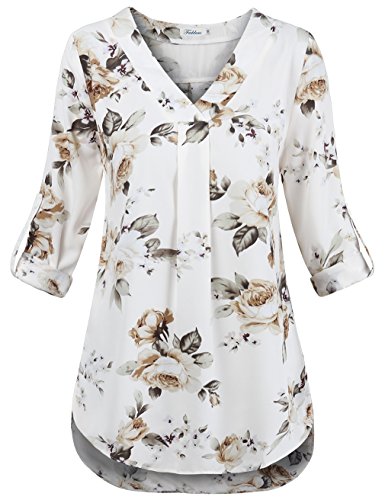 FADDARE Chiffon Shirts for Juniors, Ladies Blouses and Tops Flower Dress Shirt 3/4 Sleeve Flowy Boutique Clothing,White XL