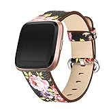 bayite Leather Bands Compatible with Fitbit Versa/Versa 2, Slim Wristband Replacement Accessories Fitness Classic Straps Women, Black/Pink Flower