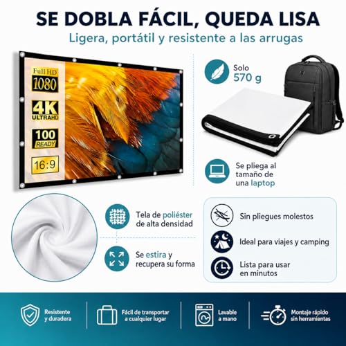 TPOUIDD Visualización de Proyector de 150 Pulgadas, Pantalla de Proyeccion Portátil Plegable HD 16:9, Resistente a Las Arrugas, Apta para Uso en Exteriores, Interiores y Cine en Casa (150)