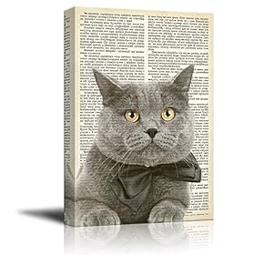 Creative Animal Figure on Vintage Paper Canvas Wall Art - A Grey Cat - Giclee Print Gallery Wrap Modern Home Art Ready to Hang - 12x18 inches