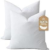 DWR Set of 2 Feather Down Throw Pillow Inserts 16x16 with Organic Cotton Cover, Feather Square White Decorative Pillow Inserts for Bed, Sofa, and Couch