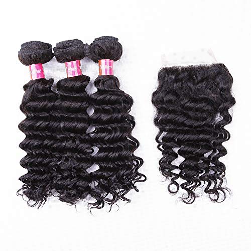 3 Bundles Brazilian Deep Wave Human Hair Weave Bundles With Closure,1 Piece 4x4 Swiss Lace Closure With 3 Bundles Hair Weft(20 20 20 with 18)