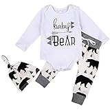 MIOIM 3pcs Baby Boys Girls Letter Romper Bear Pants Knotted Hat Coming Home Outfits