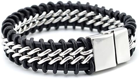 Enhanced Power Men's Silver Twisted Stainless Steel Chain Center Braided Leather Strap Wrap Bracelet