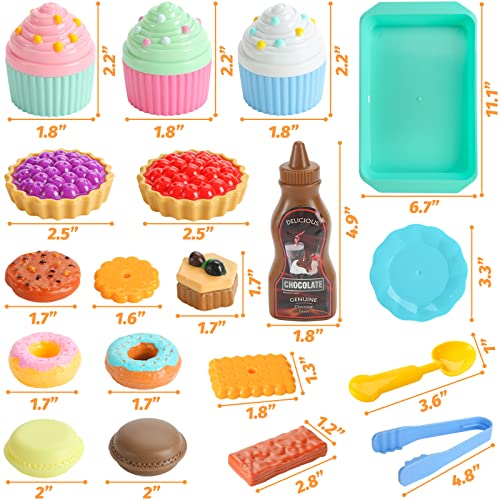 LovesTown Pretend Play Desserts Toy, 29 PCS Kids Desserts Food Toy Set Pretend Tea Party Food Fake Food Toy for Kids Birthday Gift